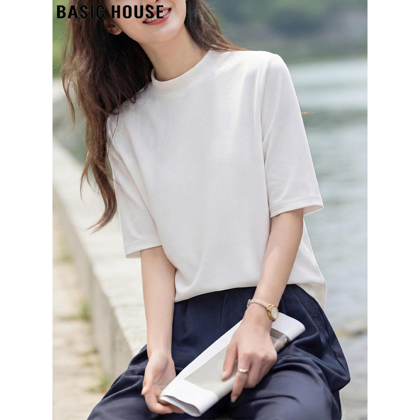 Basic House/百家好白色半高领宽松五分袖T恤女夏季简约中袖上衣