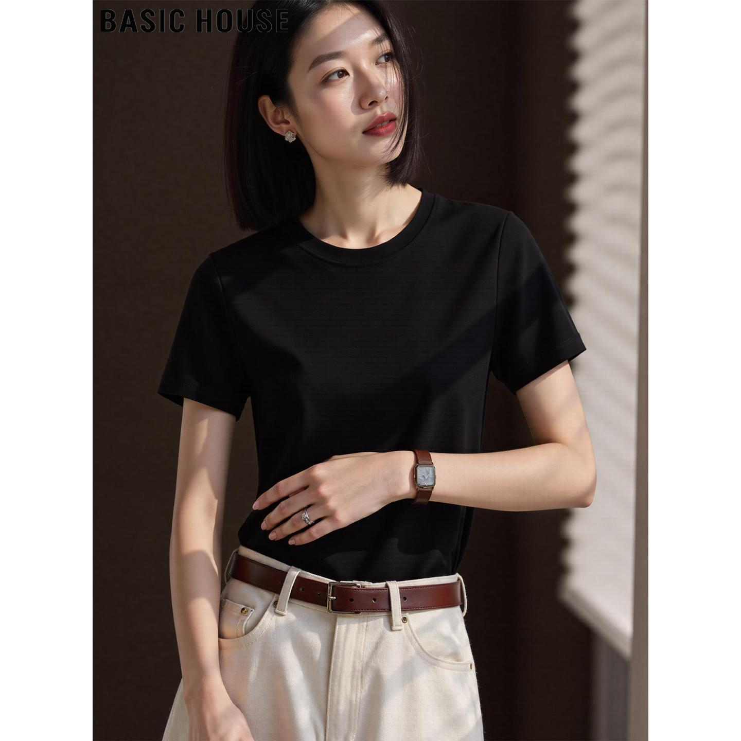 Basic House/百家好黑色天丝薄款短袖T恤女夏季含桑蚕丝冰丝上衣