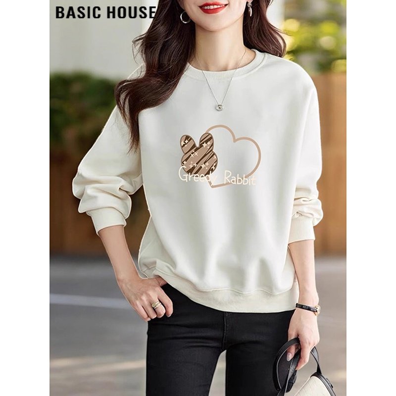 Basic House/百家好印花白色休闲卫衣女2026春季宽松显瘦套头上衣