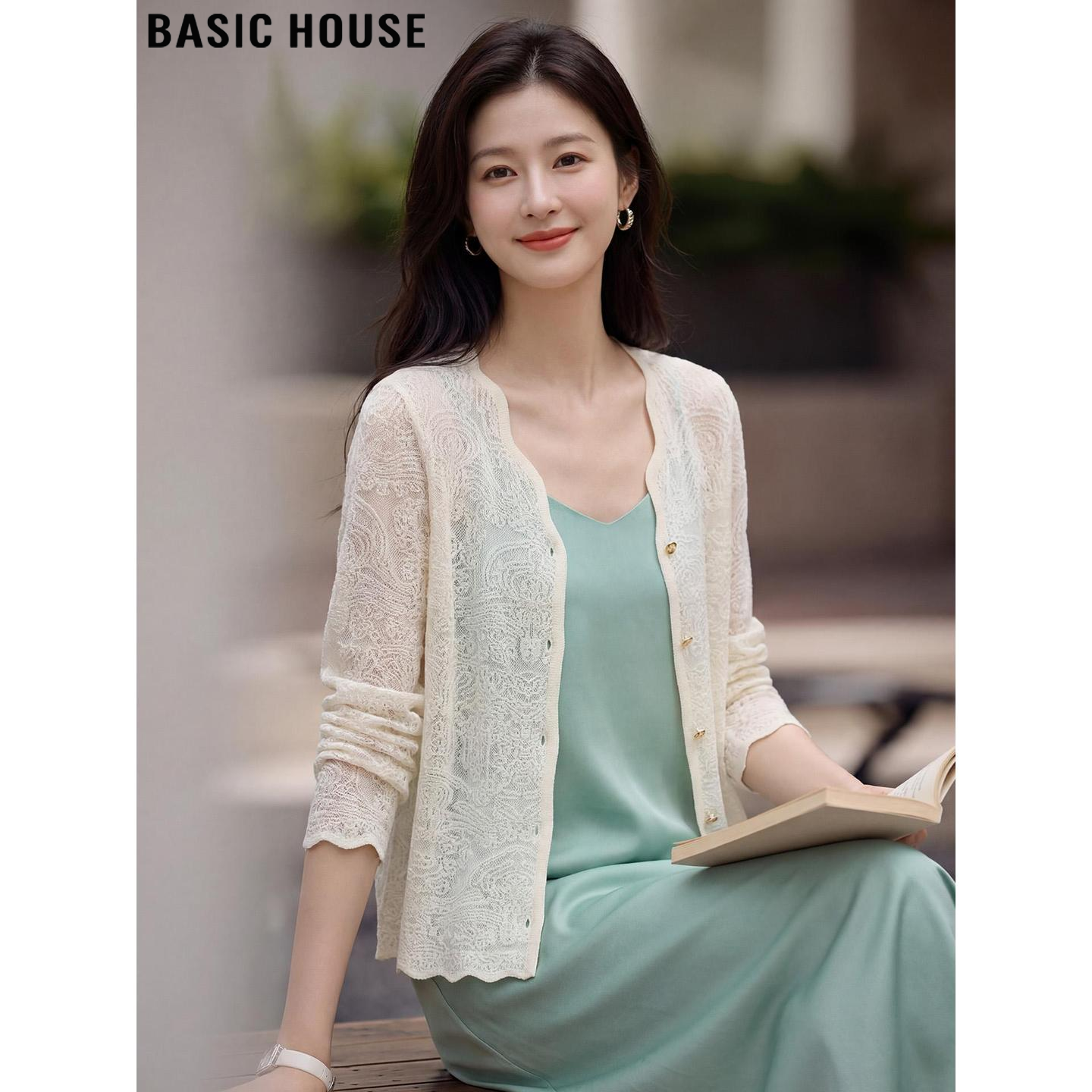 Basic House/百家好杏色重工钩花薄款防晒开衫外套女夏季外搭罩衫