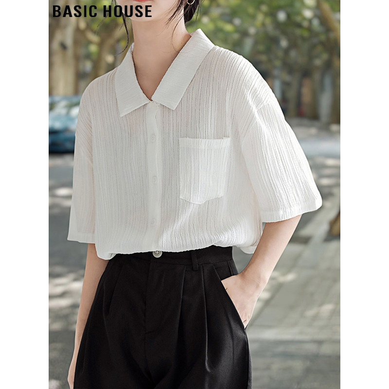 Basic House/百家好设计感褶皱白色短袖衬衫女夏薄款冰丝防晒衬衣