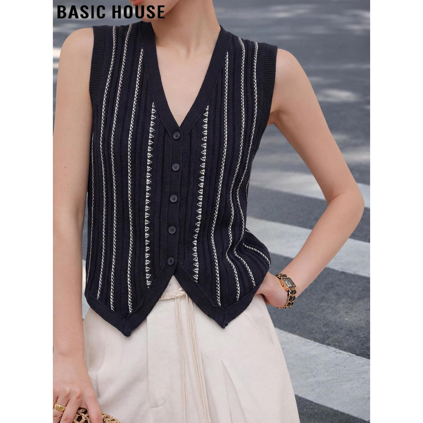 Basic House/百家好藏青色条纹V领针织开衫马甲女夏季含羊毛背心