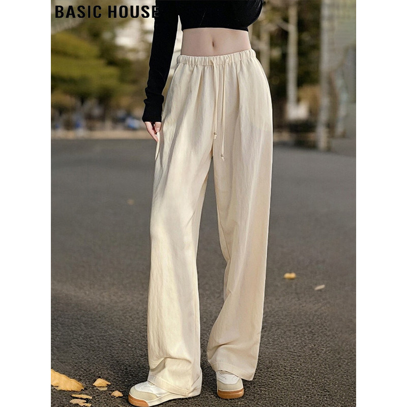 Basic House/百家好慵懒风抽绳高腰阔腿裤女春季薄款宽松直筒裤子