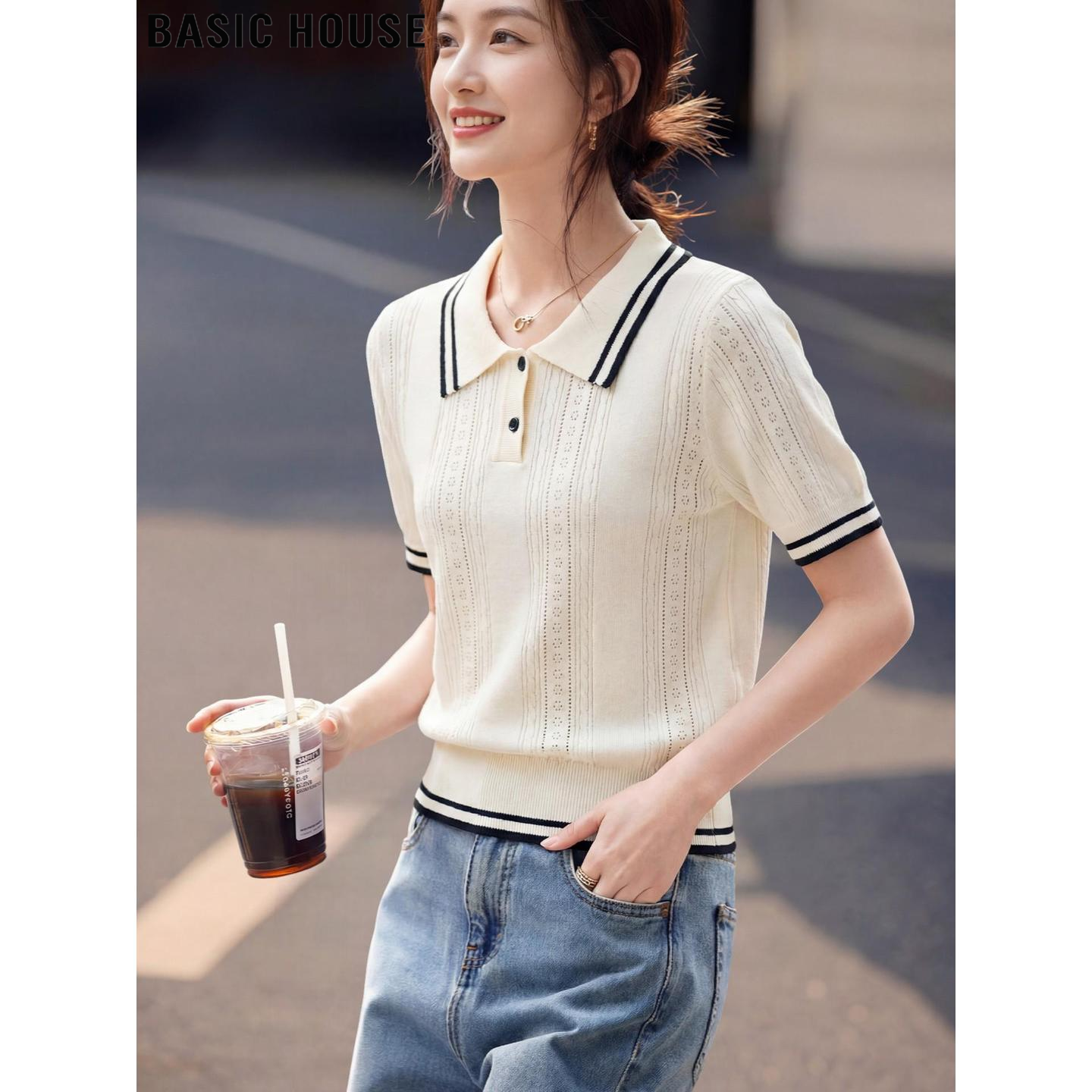 Basic House/百家好撞色镂空钩花含羊毛短袖针织衫女夏季打底上衣