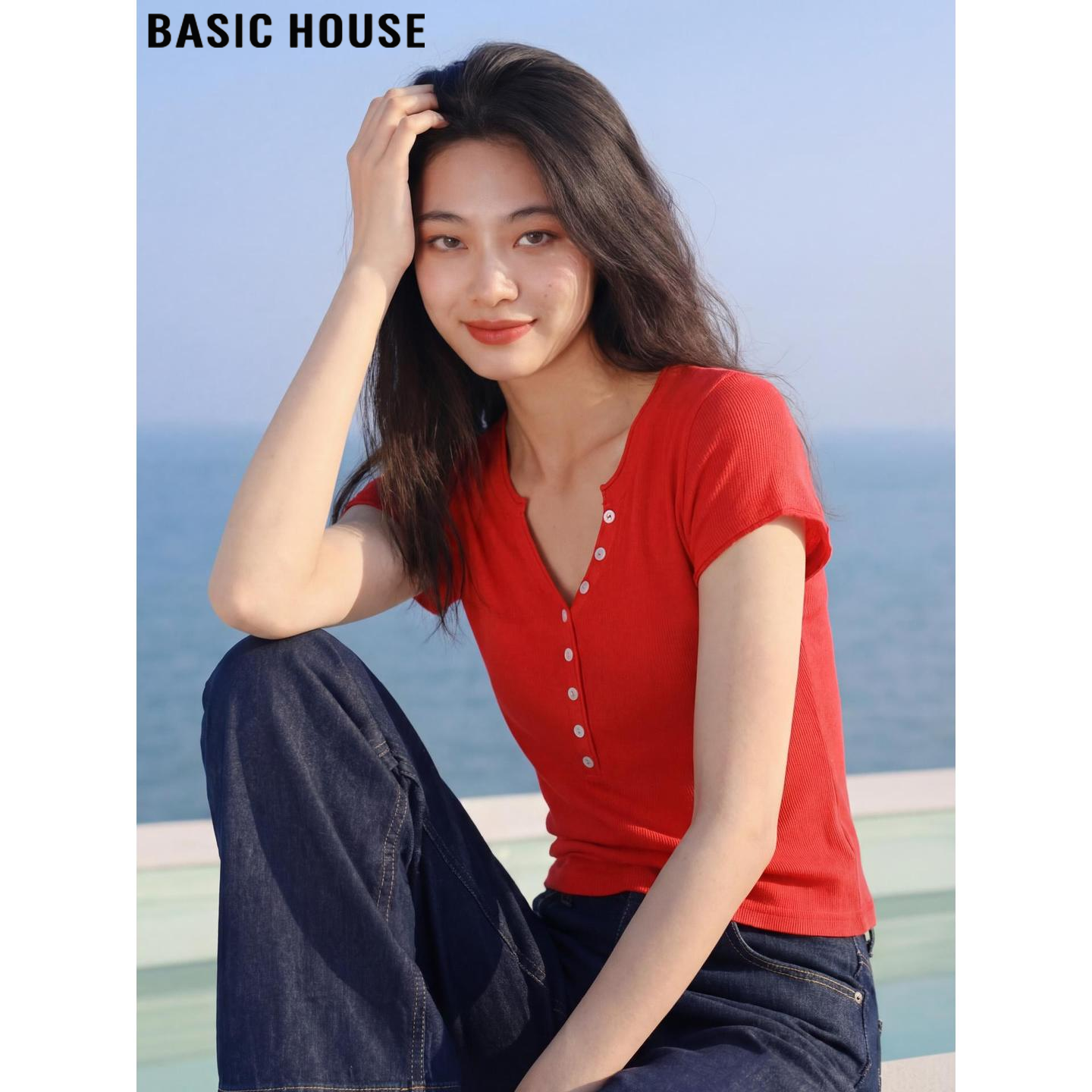 Basic House/百家好红色薄款天丝小飞袖针织衫女夏季亚麻V领上衣
