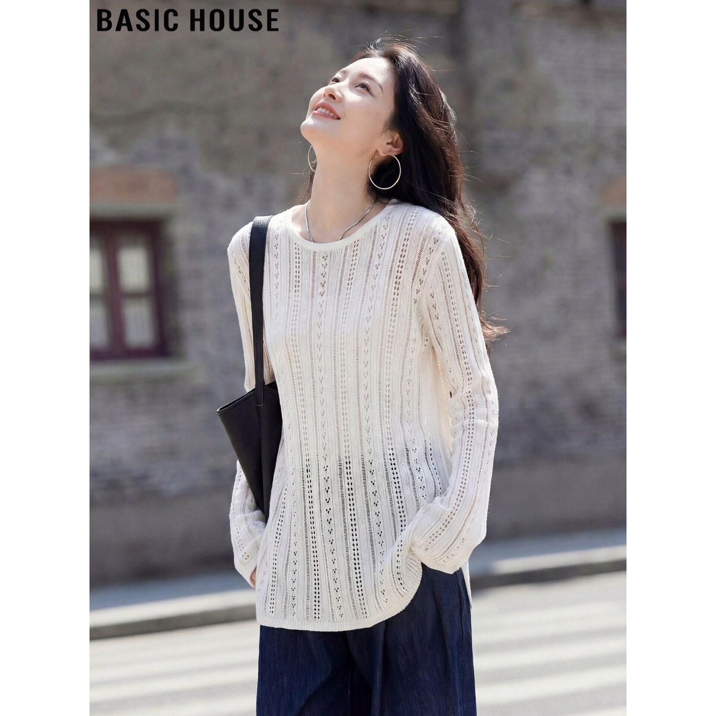 Basic House/百家好法式白色镂空天丝长袖针织衫女夏季防晒空调衫
