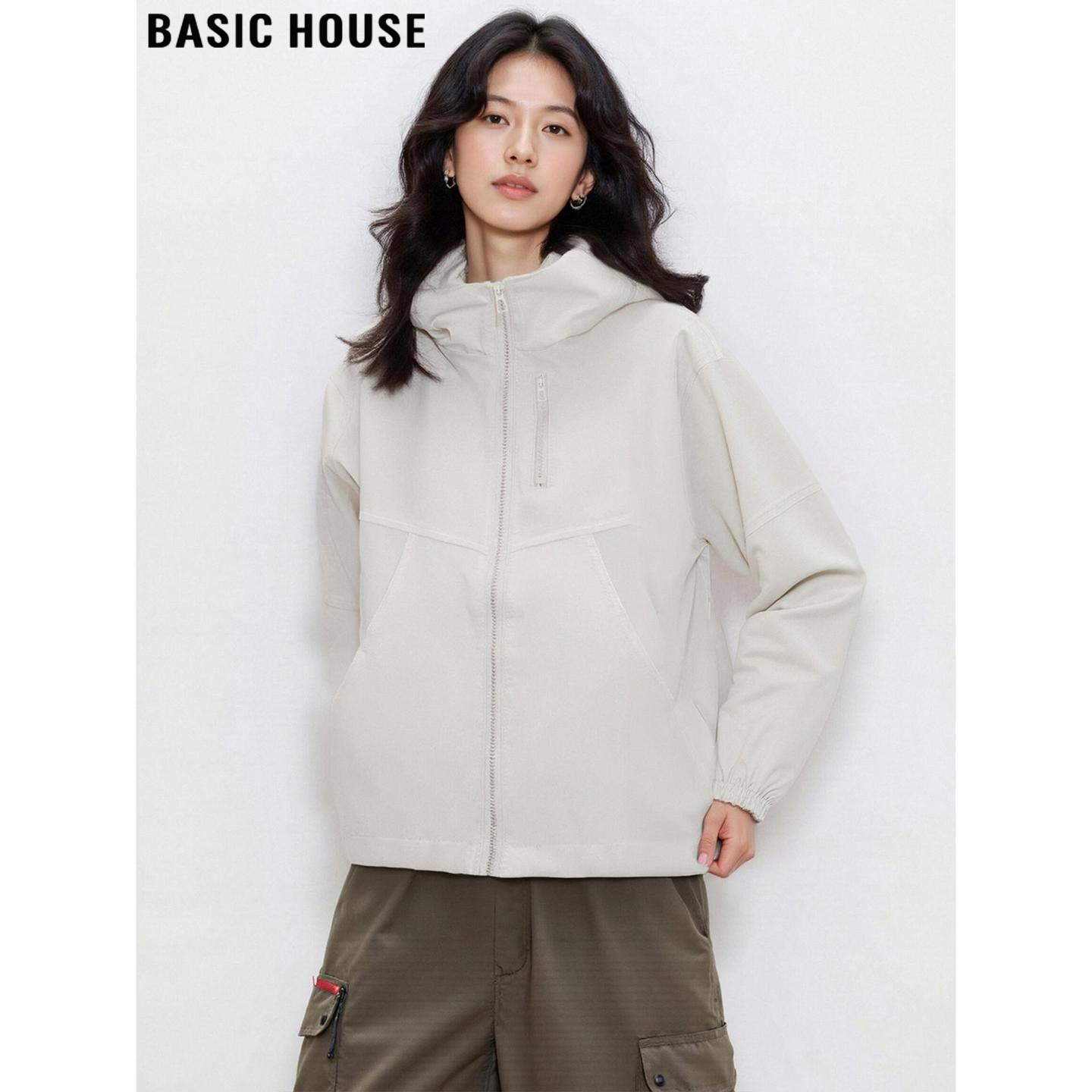 Basic House/百家好美式白色连帽外套女2025冬季夹棉加厚工装棉服