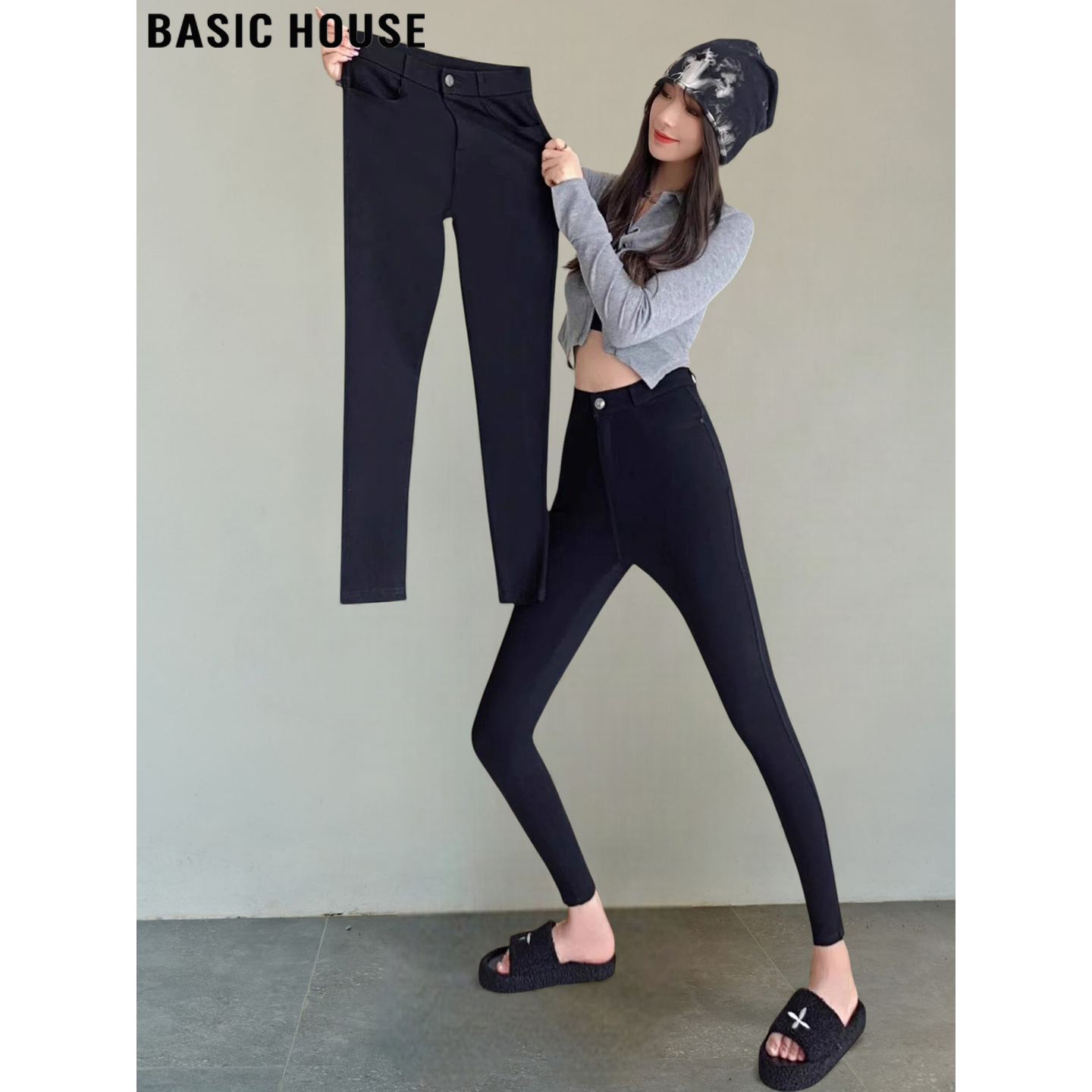Basic House/百家好黑色外穿九分打底裤女2026夏季高腰小脚铅笔裤