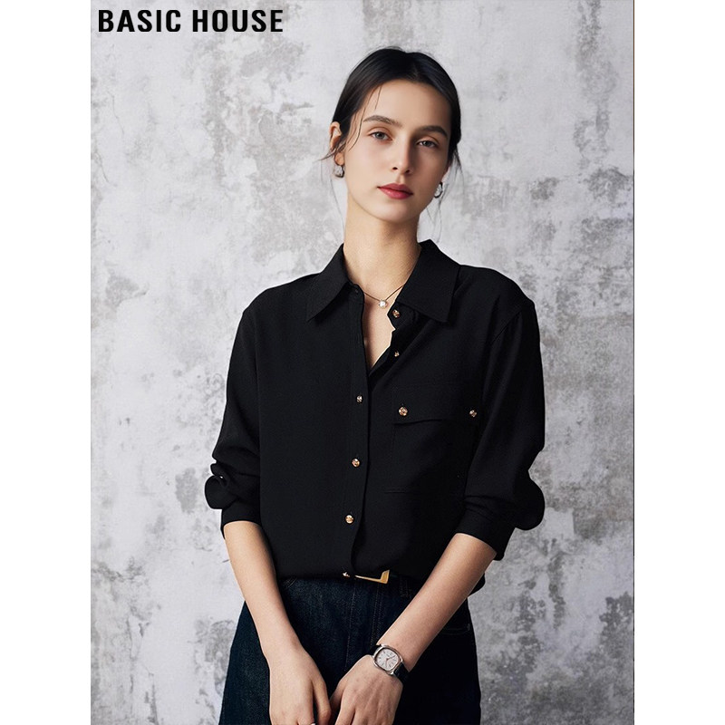 Basic House/百家好法式黑色缎面衬衫女2026春季高级叠穿打底衬衣