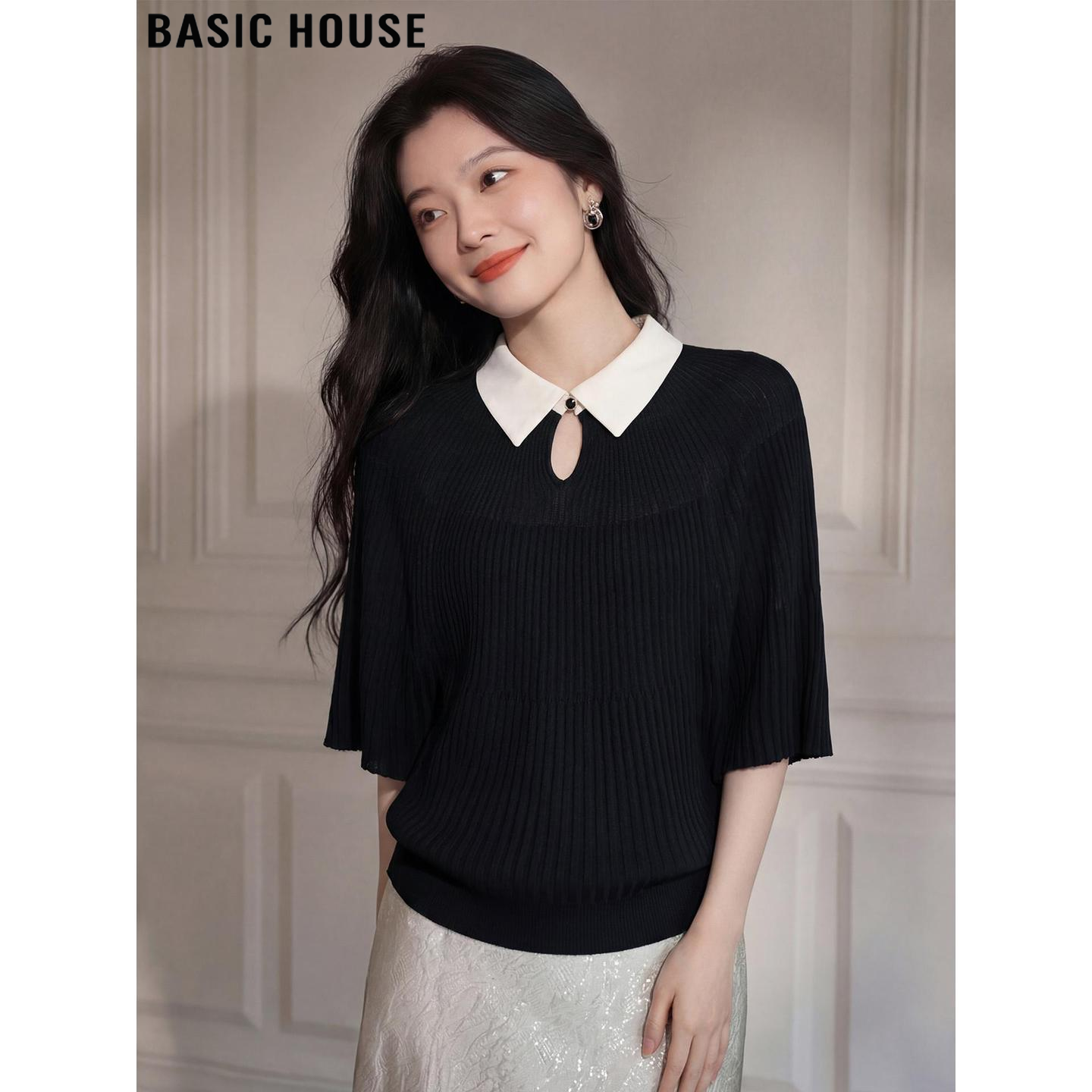 Basic House/百家好黑色100%天丝镂空针织衫女夏季薄款polo领上衣