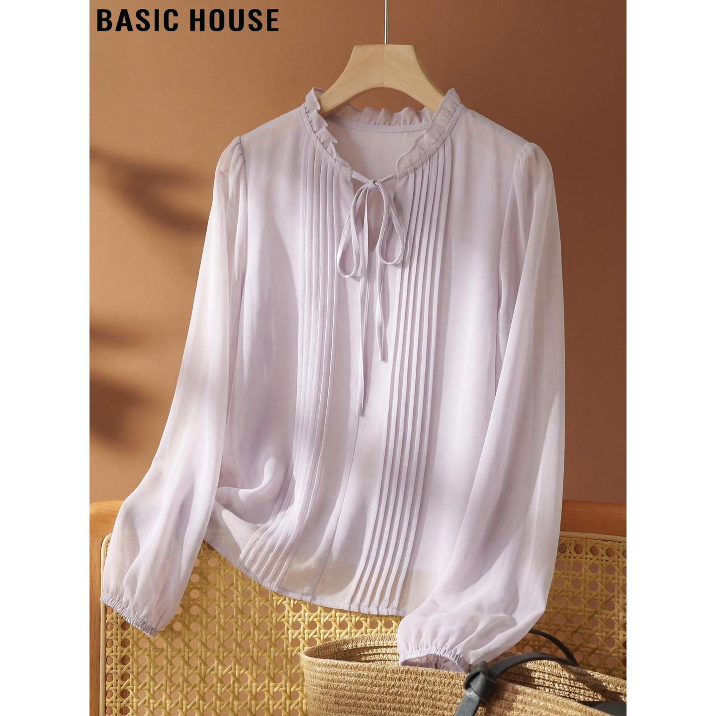 Basic House/百家好紫色木耳边立领雪纺衬衫女夏季薄款巨好看上衣