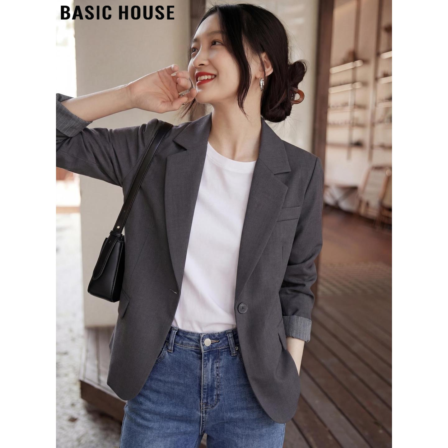 Basic House/百家好高级感灰色西装外套女春季通勤气质小西服上衣