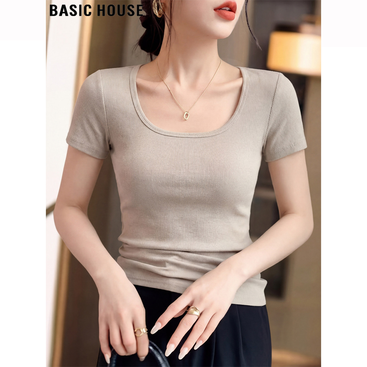 Basic House/百家好基础款方领螺纹短袖T恤女2026夏季简约打底衫