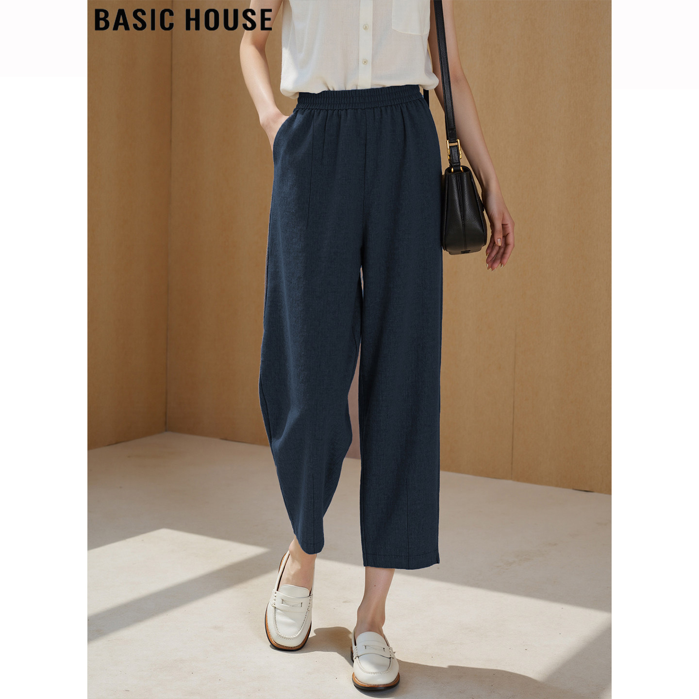 Basic House/百家好藏蓝色100%亚麻九分阔腿裤女夏季薄款直筒裤子