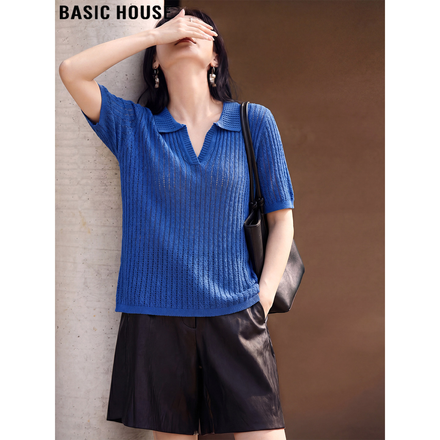 Basic House/百家好蓝色天丝薄款镂空短袖针织衫女夏亚麻正肩上衣
