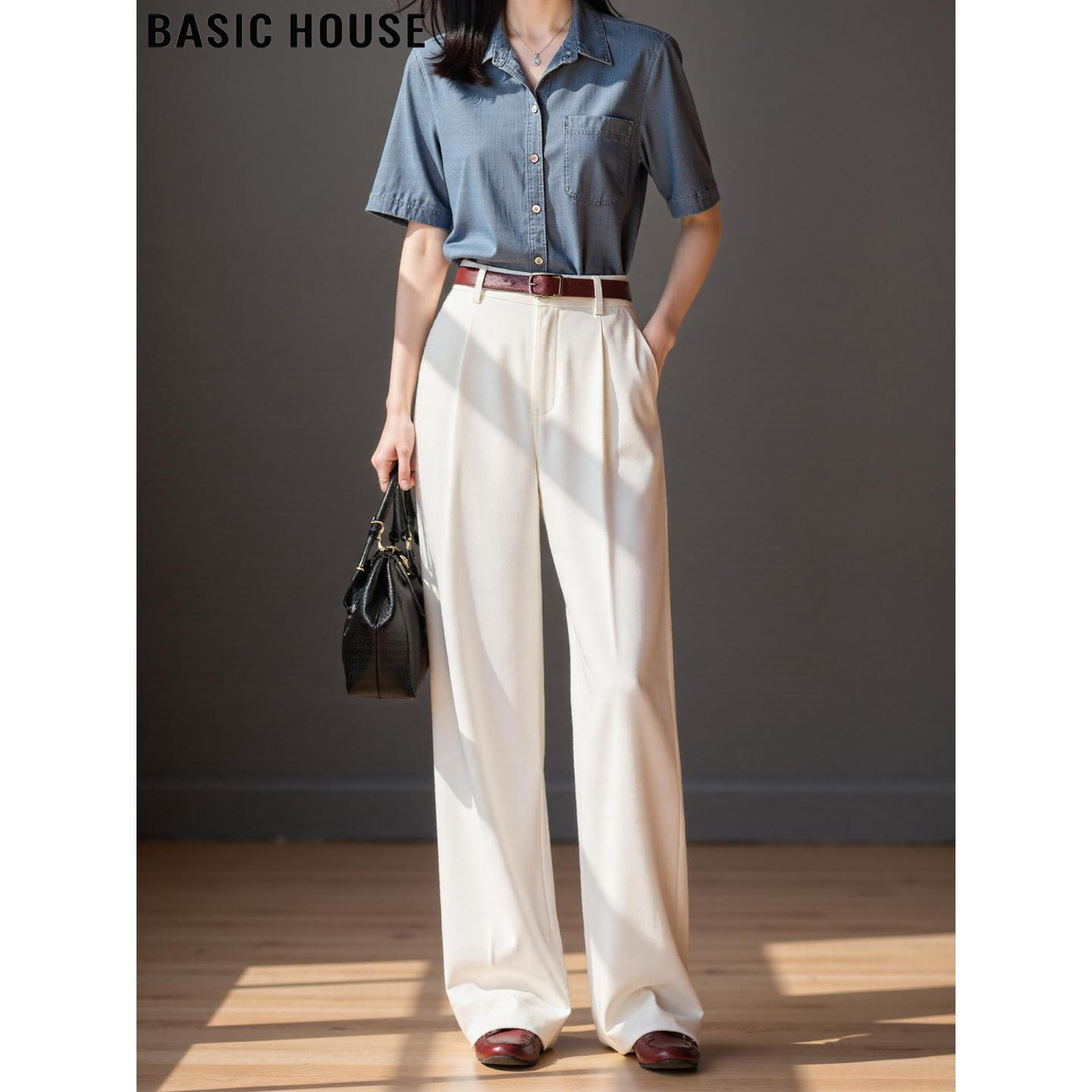 Basic House/百家好米白色直筒西装裤女夏季高腰显瘦垂感阔腿长裤