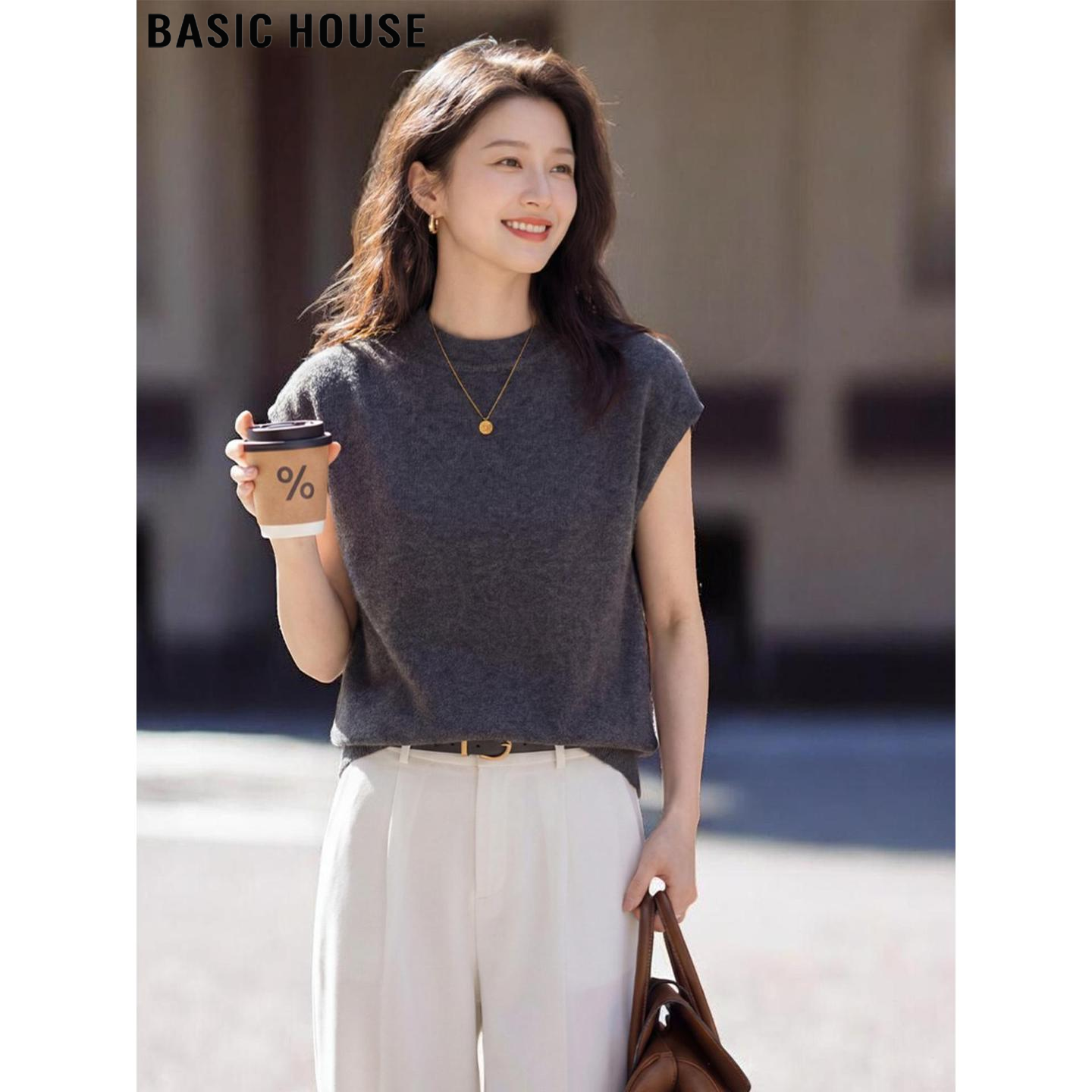 Basic House/百家好灰色半高领小飞袖针织衫女2026夏季含羊毛上衣