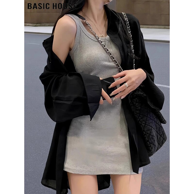 Basic House/百家好辣妹紧身方领背心短裙女夏季纯棉打底连衣裙子