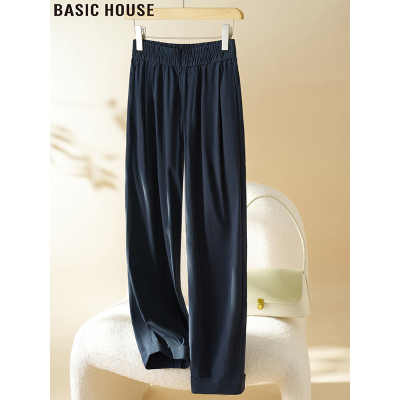 Basic House/百家好松紧腰休闲冰丝直筒裤女夏季宽松高腰哈伦裤子