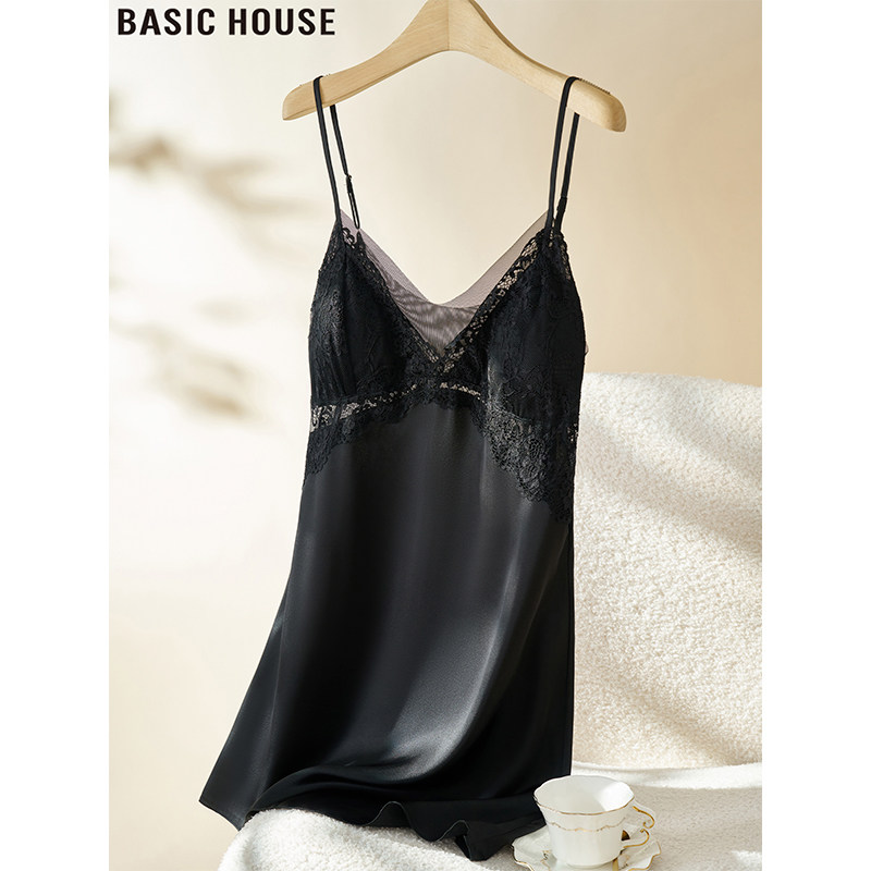 Basic House/百家好性感蕾丝黑色吊带睡裙女2026夏美背带胸垫睡衣