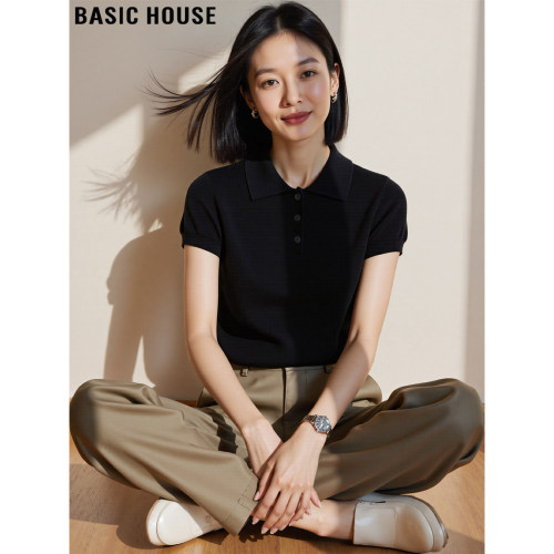 百家好白色POLO领针织短袖T恤女