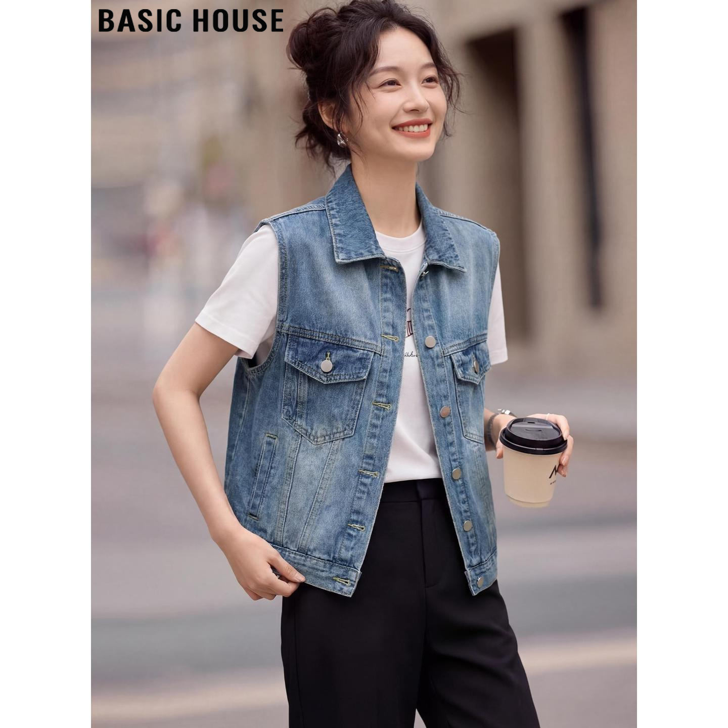 Basic House/百家好复古蓝色牛仔马甲外套女2026夏季坎肩背心上衣