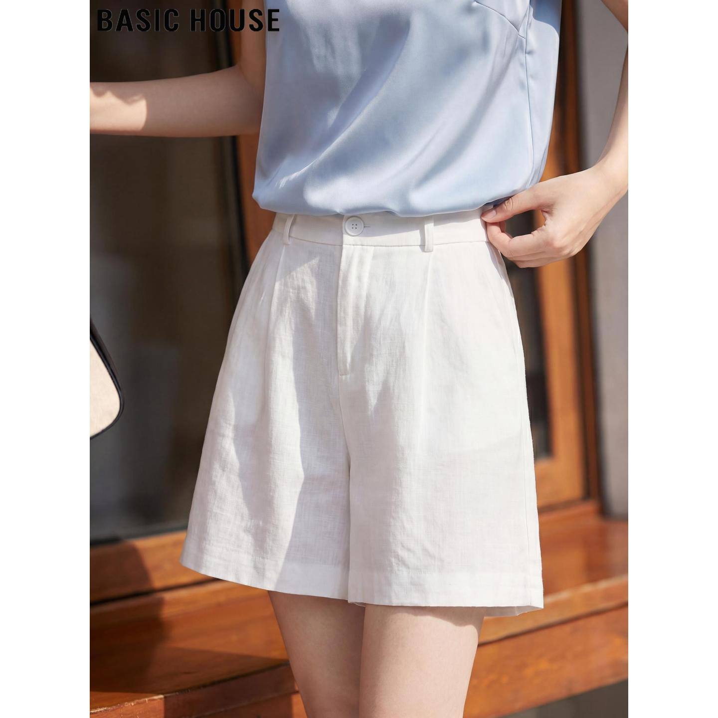 Basic House/百家好白色薄款100%亚麻阔腿短裤女夏宽松直筒五分裤