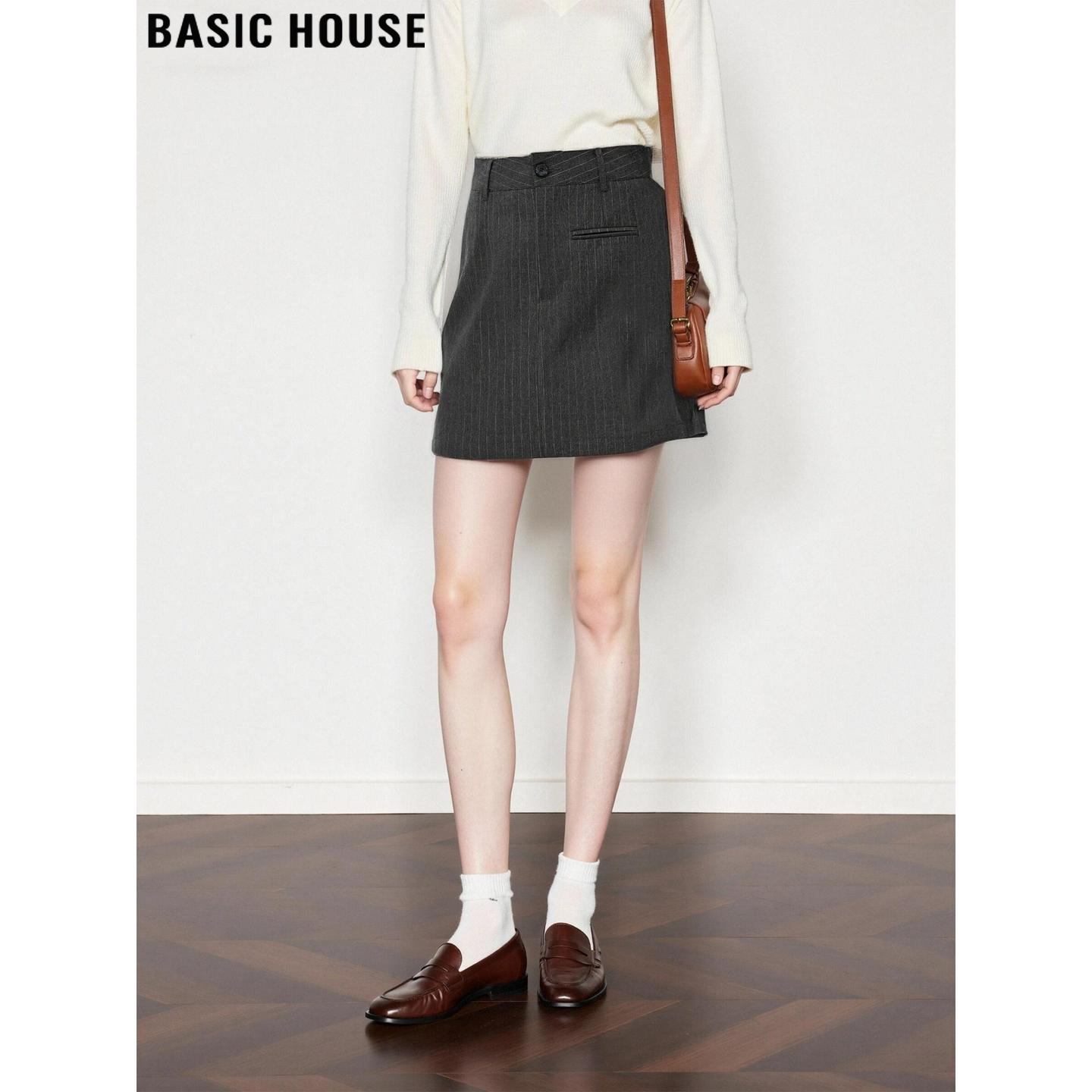 Basic House/百家好复古条纹西装短裙女2026夏季A字包臀打底裙子