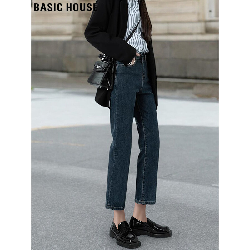 Basic House/百家好复古九分牛仔裤女春季蓝灰色高腰直筒烟管裤子
