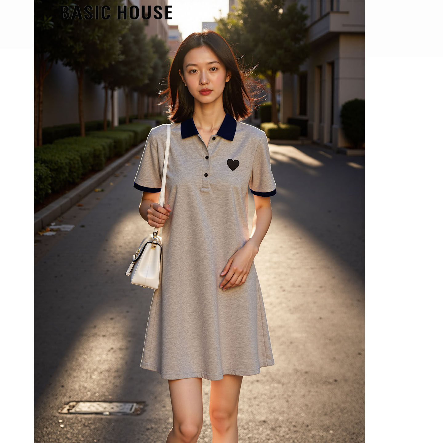 Basic House/百家好韩版减龄灰色POLO领短袖T恤裙女夏纯棉连衣裙