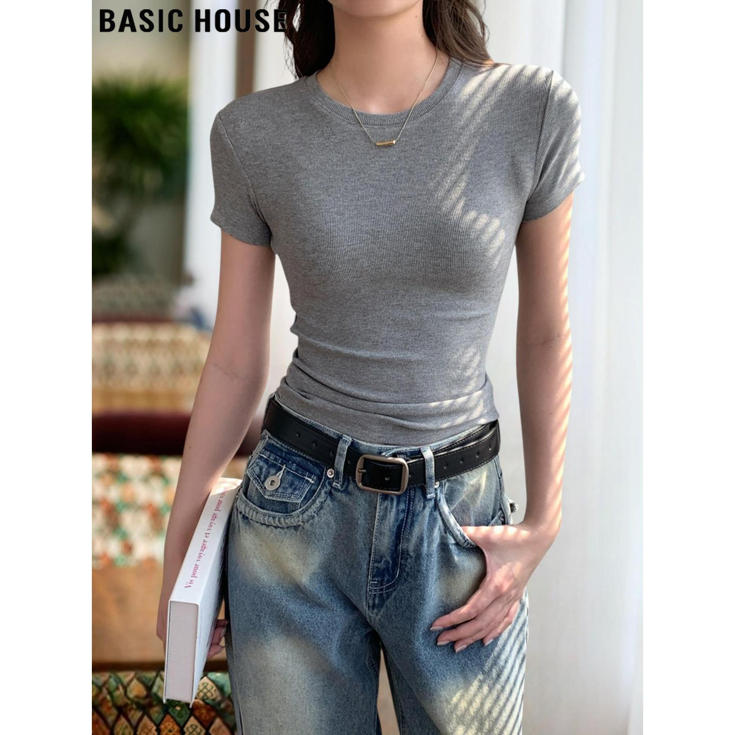Basic House/百家好修身灰色正肩短袖T恤女夏季弹力螺纹圆领体恤