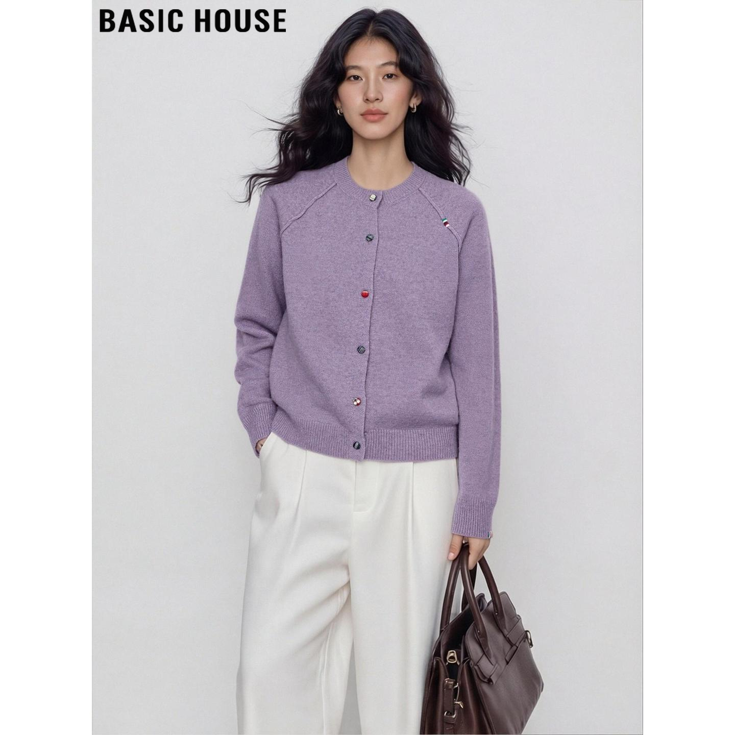 Basic House/百家好高级感紫色圆领毛衣外套女春季含羊毛针织上衣