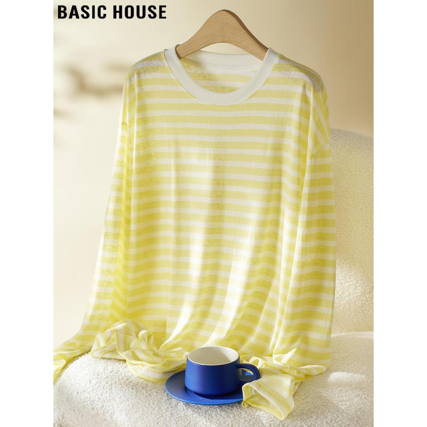 Basic House/百家好黄色条纹冰丝薄款长袖T恤女夏季减龄天丝上衣
