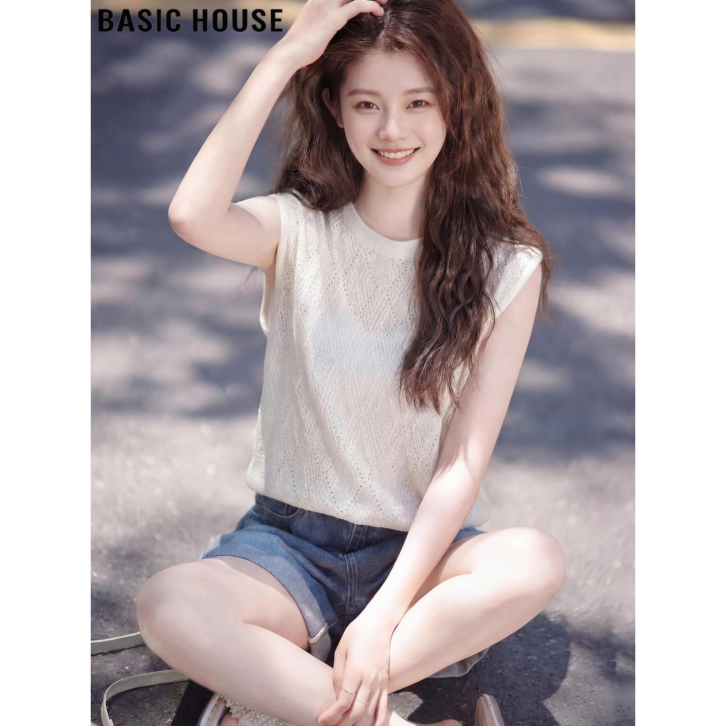 Basic House/百家好烫钻圆领镂空短袖针织衫女夏季薄款小飞袖上衣