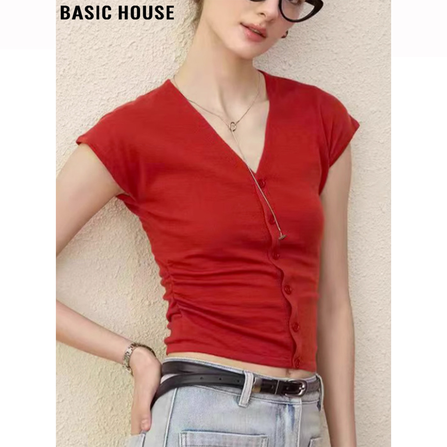 Basic House/百家好红色V领短袖针织衫女夏季短款含羊毛打底上衣