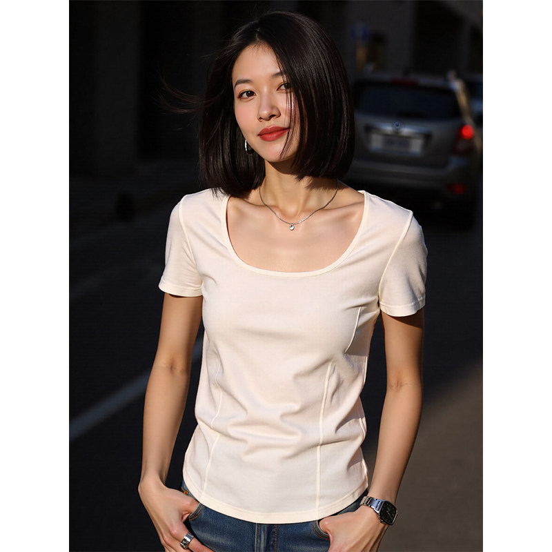 Basic House/百家好鱼骨收腰U领白色短袖T恤女士夏季短款正肩体恤