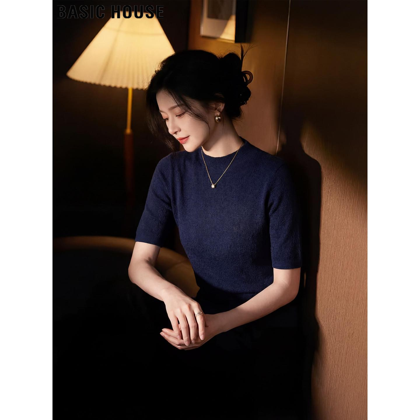 Basic House/百家好藏蓝色天丝半高领中袖针织衫女夏冰丝薄款上衣