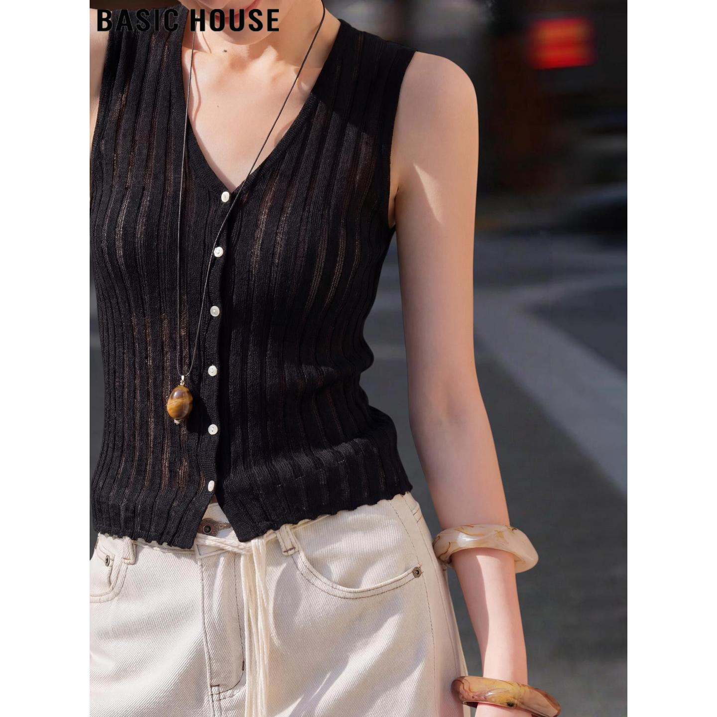 Basic House/百家好法式黑色V领天丝针织开衫女夏季薄款无袖上衣
