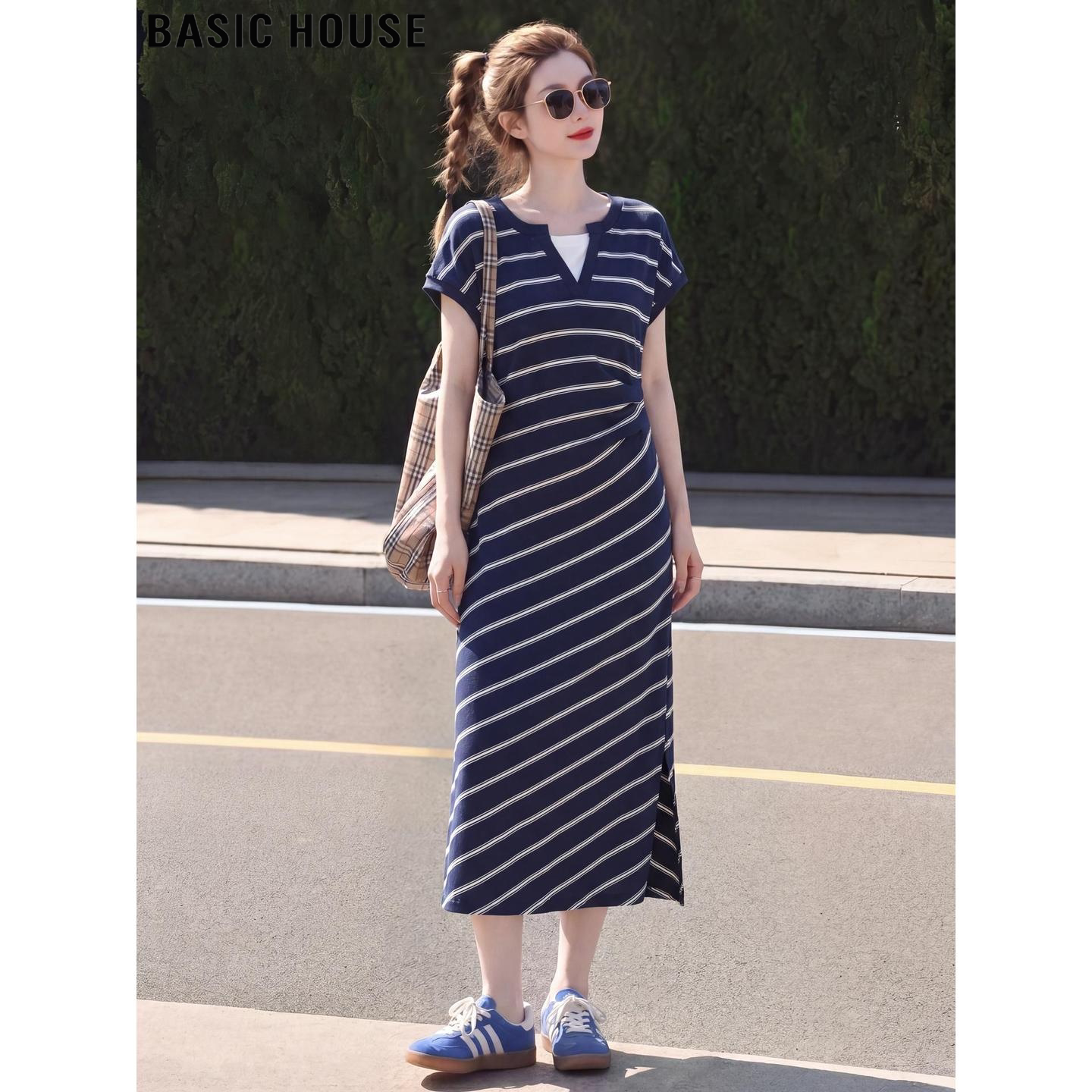 Basic House/百家好蓝色条纹假两件小飞袖连衣裙女夏季掐腰T恤裙