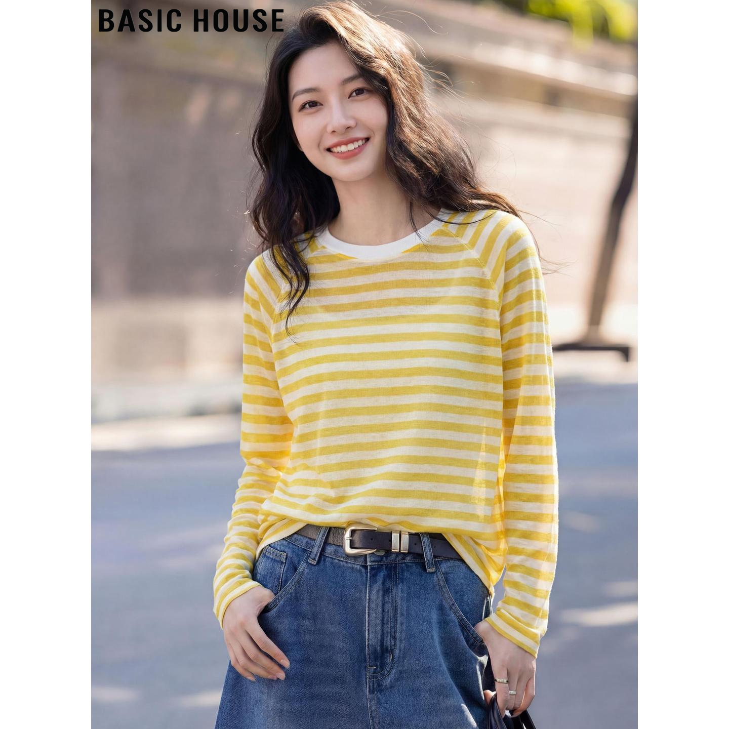 Basic House/百家好黄色条纹圆领薄款长袖T恤女夏季减龄防晒罩衫
