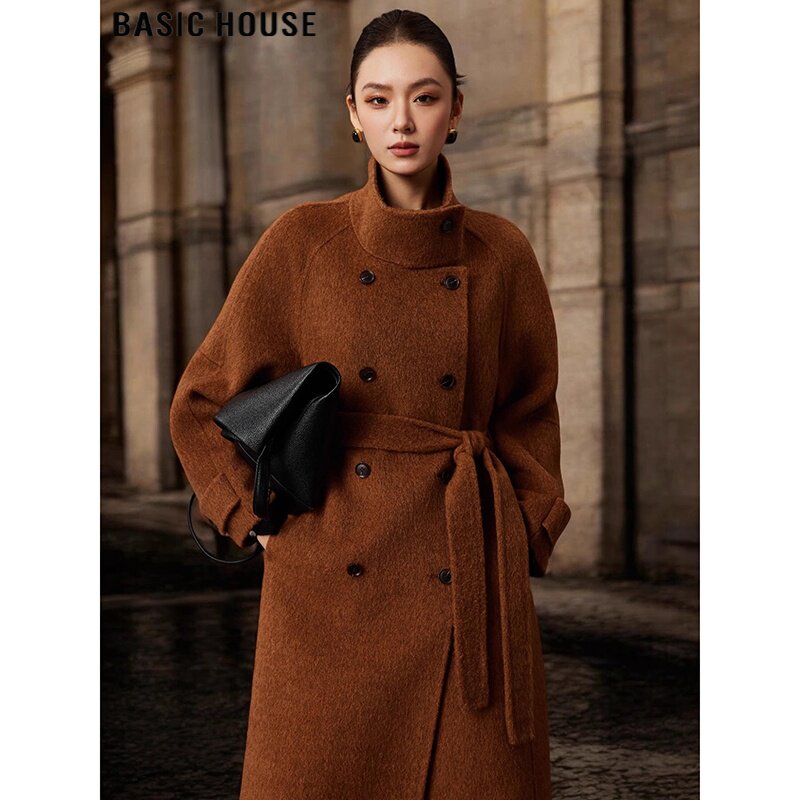 Basic House/百家好长款羊毛大衣女春季立领绑带咖色双面呢子外套