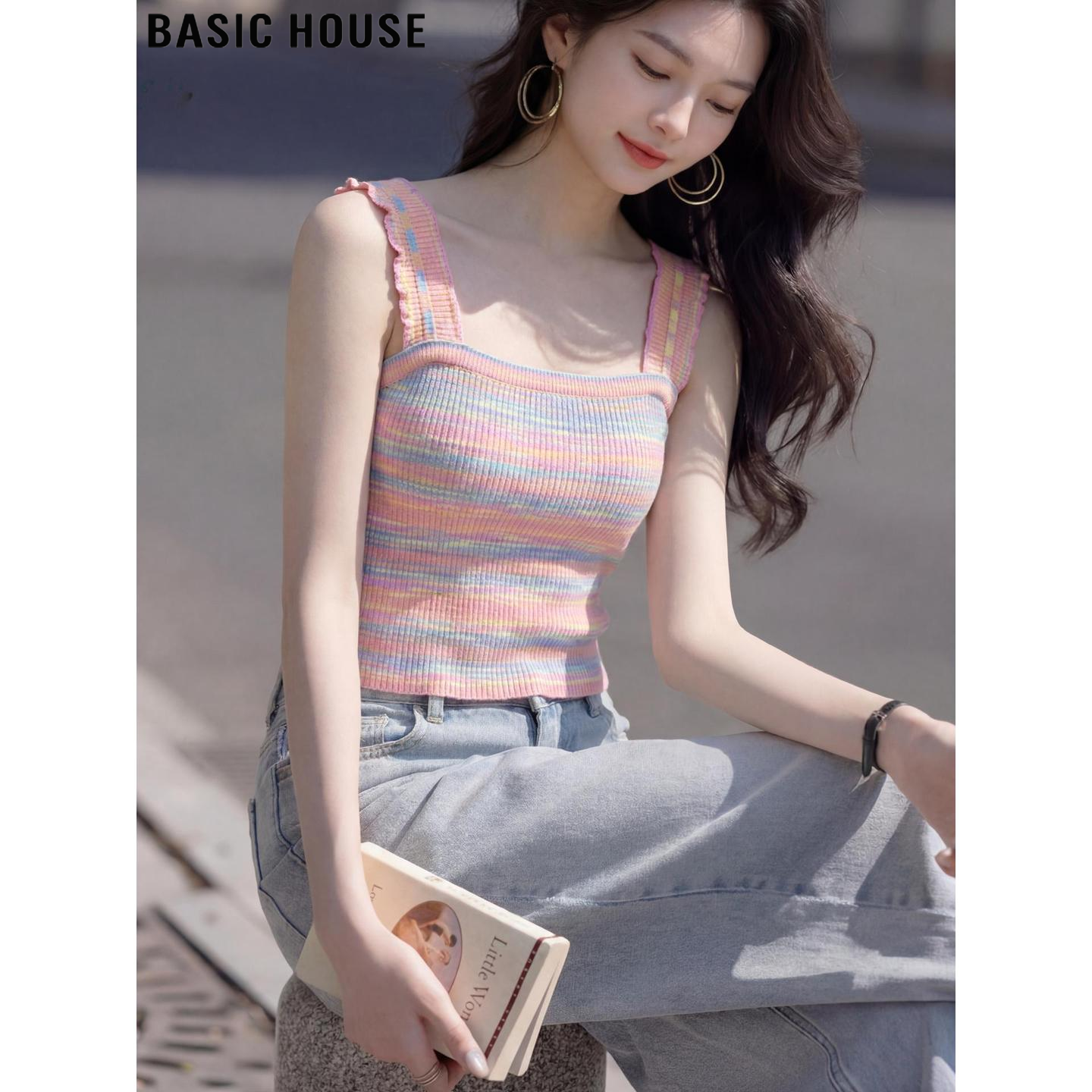 Basic House/百家好粉色条纹含羊毛吊带背心女夏季可外穿无袖上衣