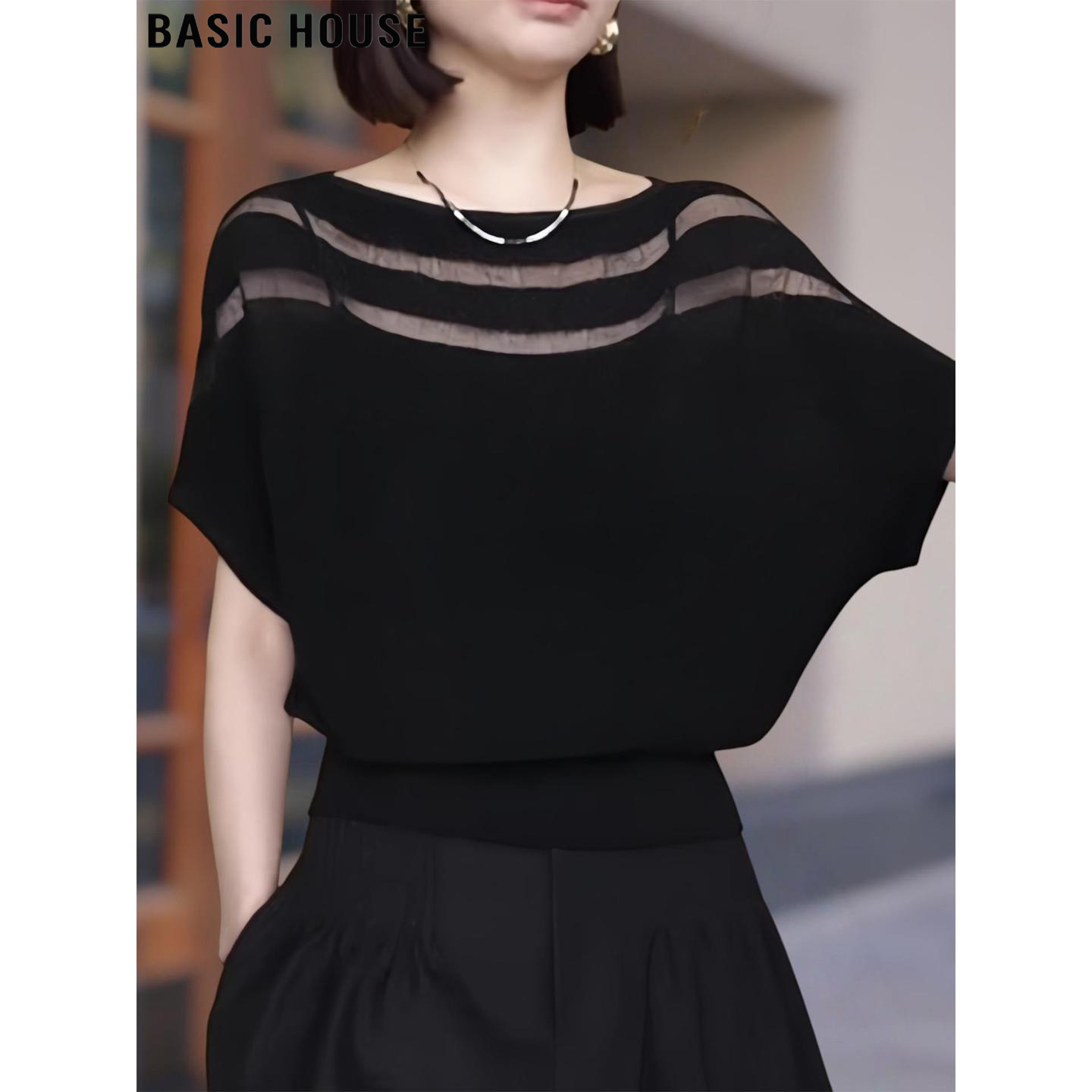 Basic House/百家好时髦网纱拼接短袖T恤女夏季独特蝙蝠袖针织衫