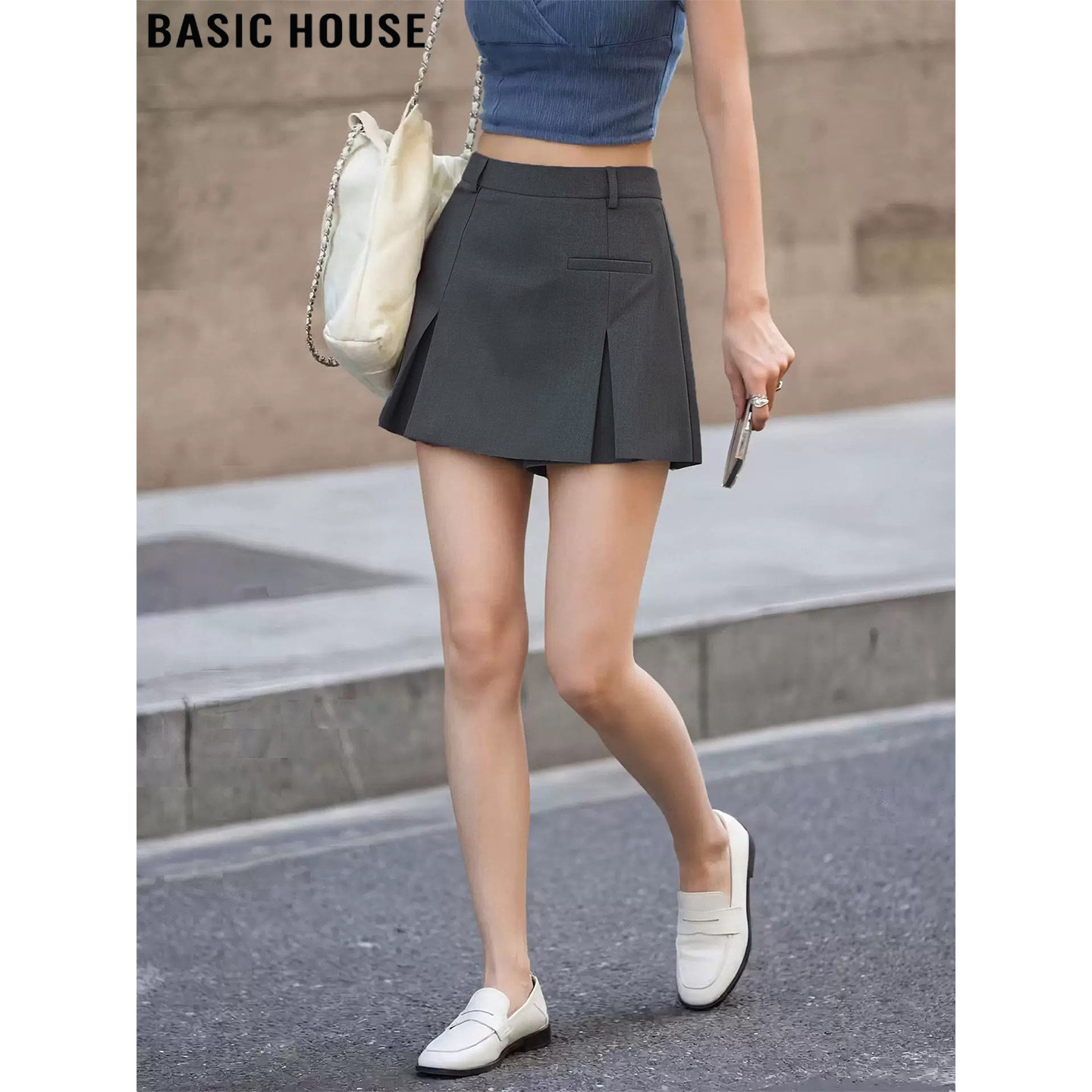Basic House/百家好通勤灰色西装阔腿短裤女2026夏高腰防走光裙裤