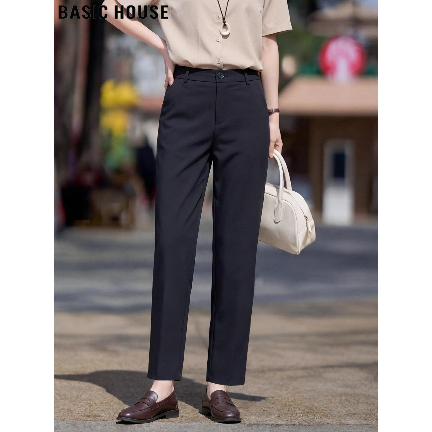 Basic House/百家好通勤黑色九分直筒西装裤女夏季高腰显瘦烟管裤