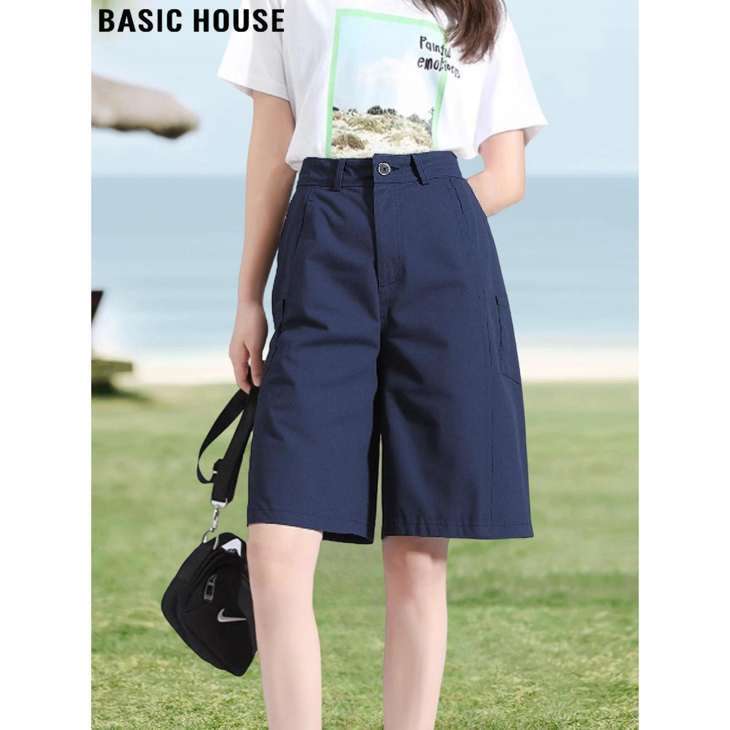 Basic House/百家好藏蓝色阔腿五分裤子女夏季高腰遮胯显瘦工装裤