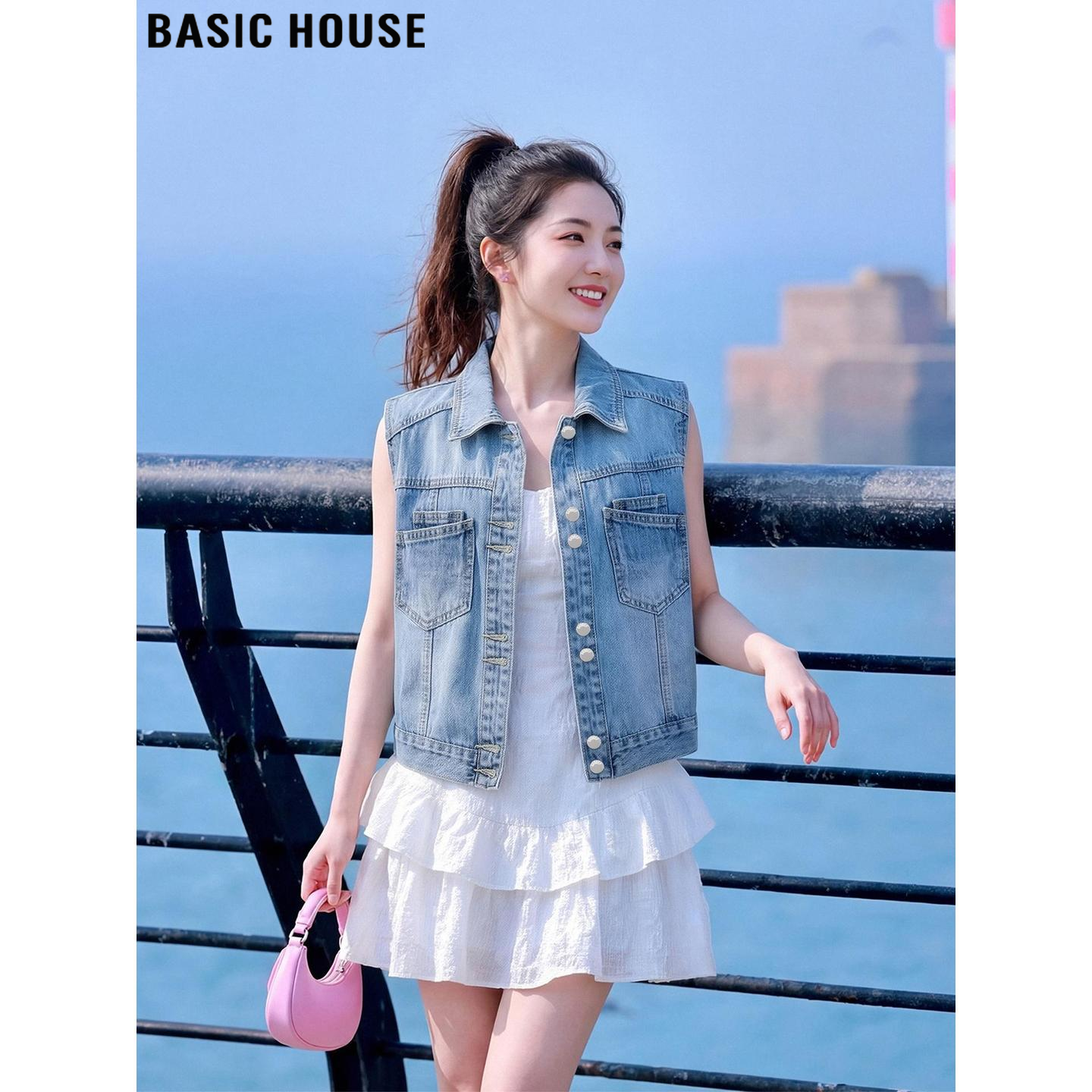 Basic House/百家好蓝色polo领牛仔马夹外套女夏季巨好看无袖上衣