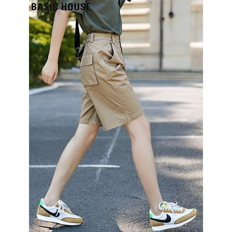 Basic House/百家好卡其色工装短裤女2026夏季新款直筒休闲五分裤