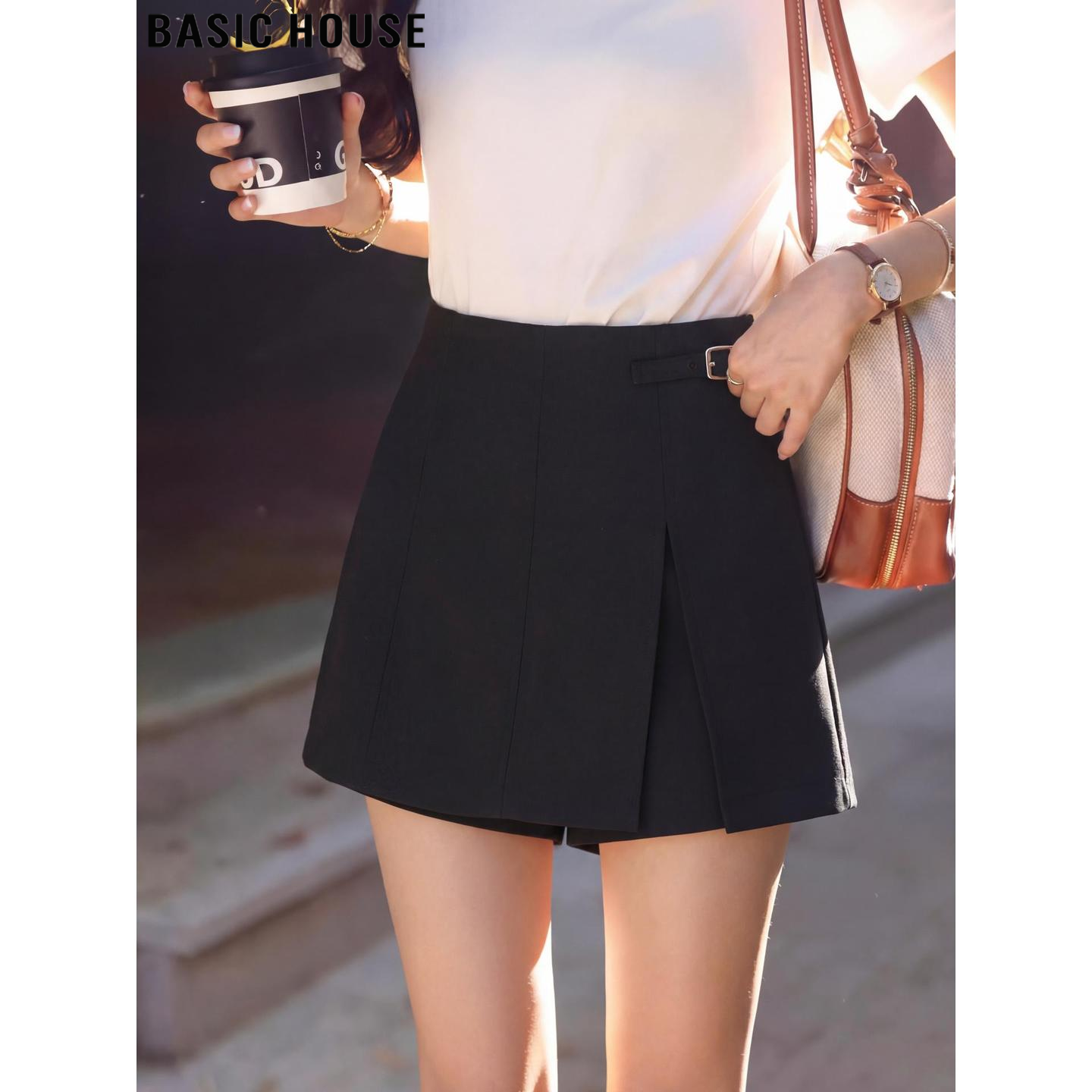 Basic House/百家好黑色开叉休闲西装短裙裤女夏季高腰A字阔腿裤
