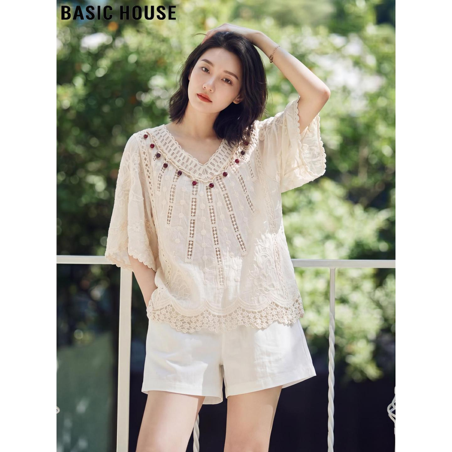 Basic House/百家好镂空纯棉蕾丝五分袖衬衫女夏季别致很仙的上衣